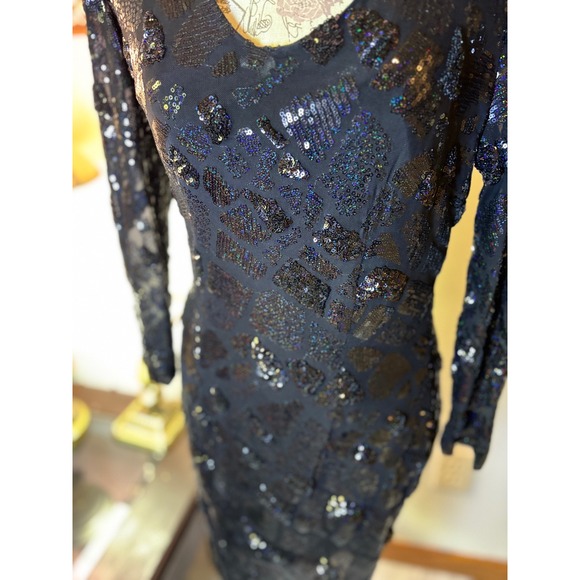 Cache Sequin Dress Bodycon Mini Black V Neck Long Sleeve Party Cocktail SZ 2 - Picture 4 of 10